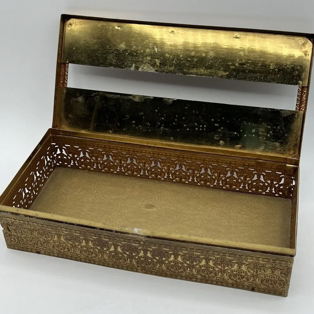 Vtg Metal Gold Brass ROSE Tissue Box Cover Holder Hollywood Regency MCM Glam
